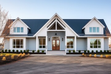 farmhouse facade with symmetrically framed gabled entry