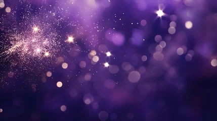 Zelfklevend Fotobehang Purple Bokeh lights, blurry, Fireworks glitter Landscape background with copy space, New year holiday theme, count down © Mockup Lab
