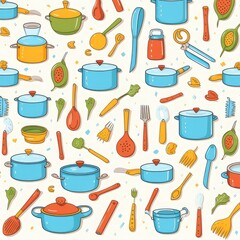 Cooking tools pattern background, flat color illustration, AI generated Image