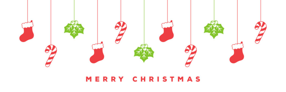 Merry Christmas Border Banner, Hanging Stocking, Mistletoe and Candy Cane Garland. Winter Holiday Season Header Decoration. Web Banner Template. Vector illustration.