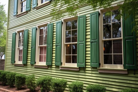 green shutters on windows of a georgian house with a hip roof