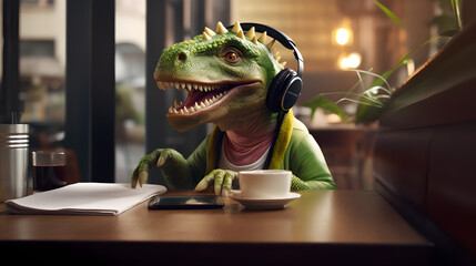 Modern Dinosaur Listening to Music in Urban Cafe with Coffee and Smartphone