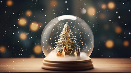 Fototapeta na wymiar Christmas Snow Globe with a Tree and Miniature Houses.