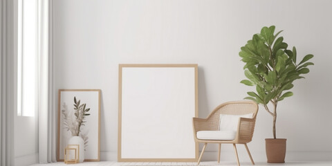 Blank picture frames in clean white room with plants and bamboo furniture. Created with Generative AI technology