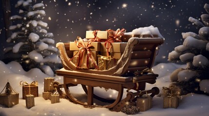 A classic wooden sleigh filled with wrapped gifts, set against a snowy backdrop.