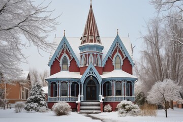 Fototapeta premium snow-covered gothic revival structure crowned by battlements