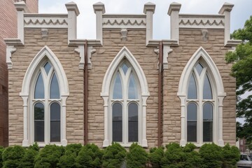 arched windows on a gothic revival wall topped with battlements