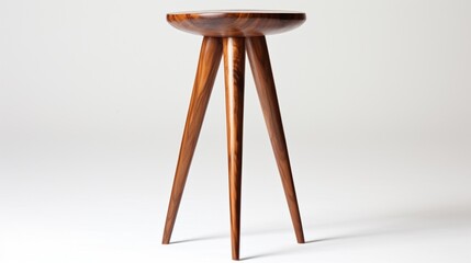 A classic wooden stool with three legs, its polished surface reflecting a subtle sheen, set against a pure white backdrop. - obrazy, fototapety, plakaty