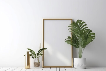 Blank golden picture frame between plants on white background. Created with Generative AI technology