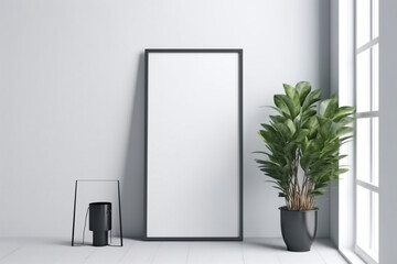 White room with potted plant next to blank picture frame. Created with Generative AI technology