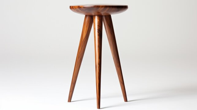 A classic wooden stool with three legs, its polished surface reflecting a subtle sheen, set against a pure white backdrop.