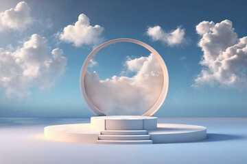 White circular display podium with beautiful cloudy sky in the background. Created with Generative AI technology