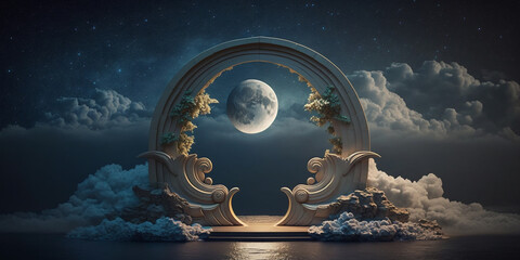 Background template with full moon shining through an exquisite arch of clouds in the night sky. Created with Generative AI technology - obrazy, fototapety, plakaty