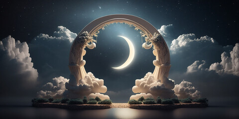 Background template with crescent moon shining through an baroque arch of clouds in the night sky. Created with Generative AI technology