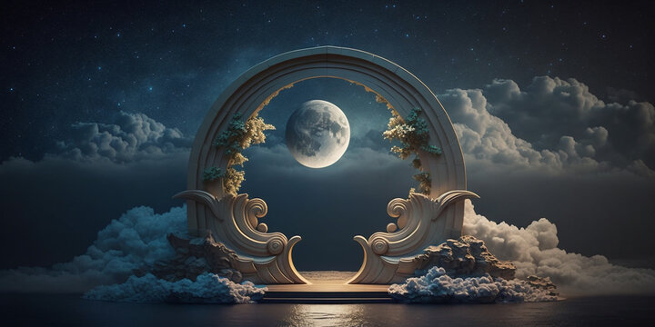 Background template with full moon shining through an exquisite arch of clouds in the night sky. Created with Generative AI technology