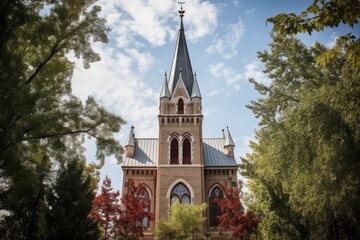 gothic revival tower with battlements standing tall amidst nature