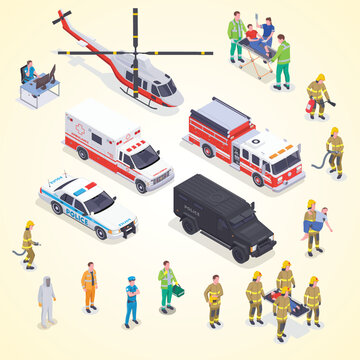 emergency service isometric set with isolated images special vehicles with fire fighting personnel ambulance crew vector illustration
