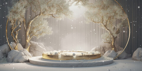 Background template of a golden display podium in snowy forest scene. Created with Generative AI technology