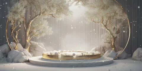 Photo sur Plexiglas Violet pâle Background template of a golden display podium in snowy forest scene. Created with Generative AI technology