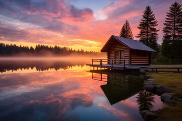 Fototapeta premium sunrise reflecting on a lake with a log cabin and a sturdy dock