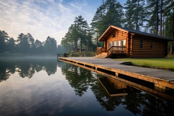 Obraz premium calm morning shot of log cabin dock reflecting on lake