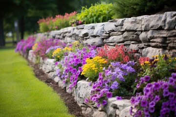 a stone retainer wall with cascading flowers