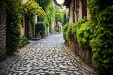 Obraz premium a cobblestone pathway flanked by trimmed bushes