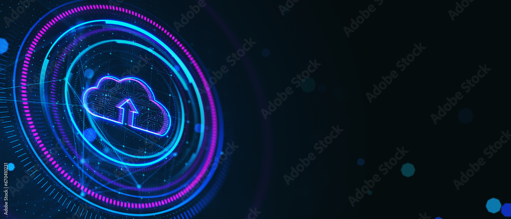 Aufkleber Creative round cloud computing hologram on dark wide background with mock up place. Server concept. 3D Rendering.