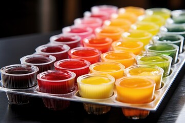 tray of differently flavored jello shots - obrazy, fototapety, plakaty