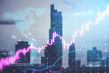 Toned image with glowing candlestick forex chart on blurry city texture. Trade, finance and growing market concept. Double exposure.