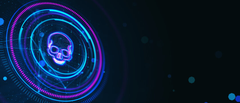 Creative digital round skull hologram on wide dark background with mock up place. Hacking, piracy and malware concept. 3D Rendering.