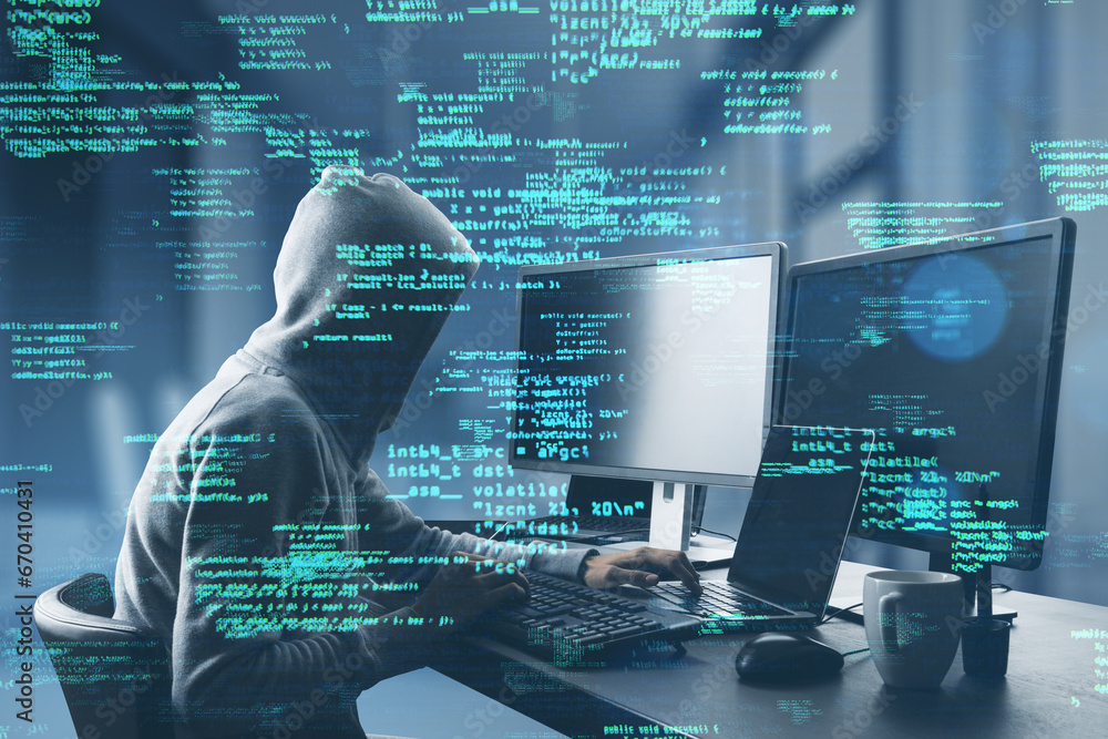 Aufkleber Side view of hacker at desk using computers with creative coding html language on blurry office interior background. Web developer, hacking, malware and programming concept. Double exposure.