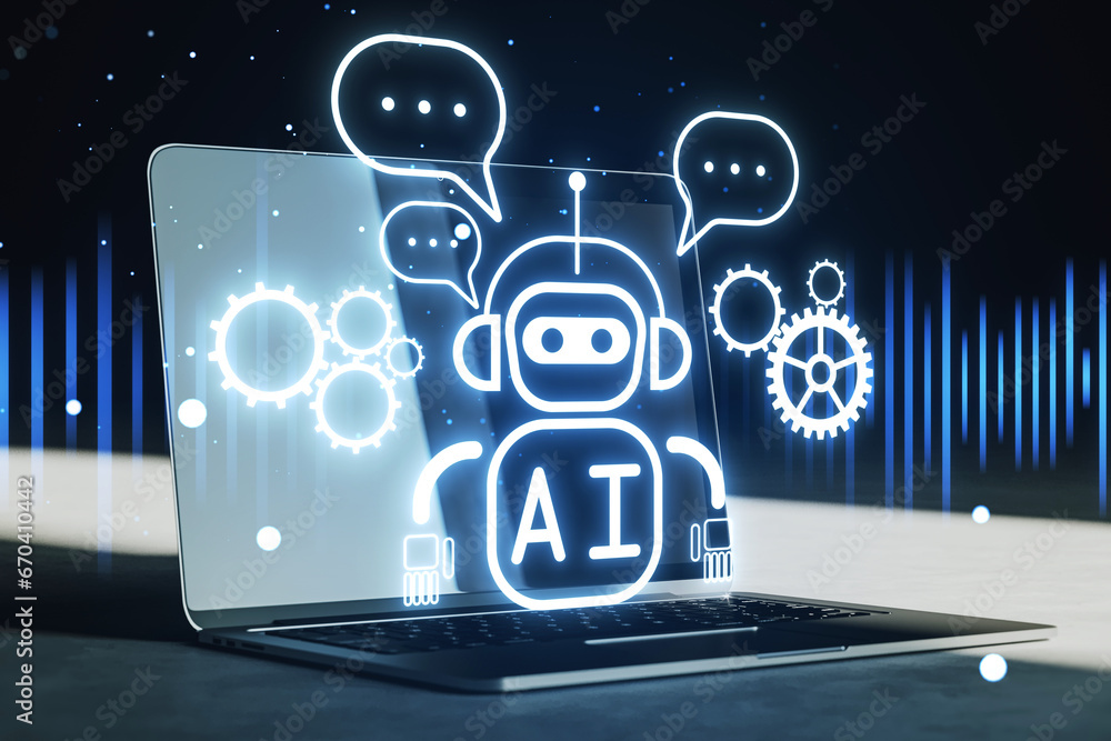 Poster Close up of laptop on dark desk with coffee and creative glowing robot ai hologram on blurry background. Automated machine learning and conversation assistant concept. 3D Rendering.