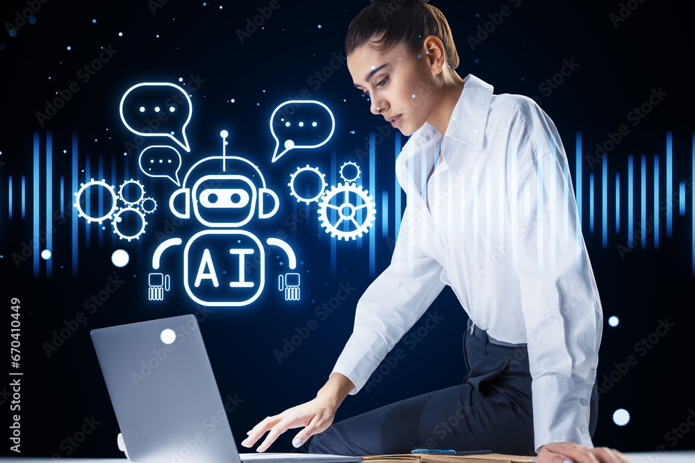 Poster Attractive woman sitting on desk with laptop and creative glowing robot ai hologram on blurry background. Automated machine learning, artificial intelligence and conversation assistant concept.