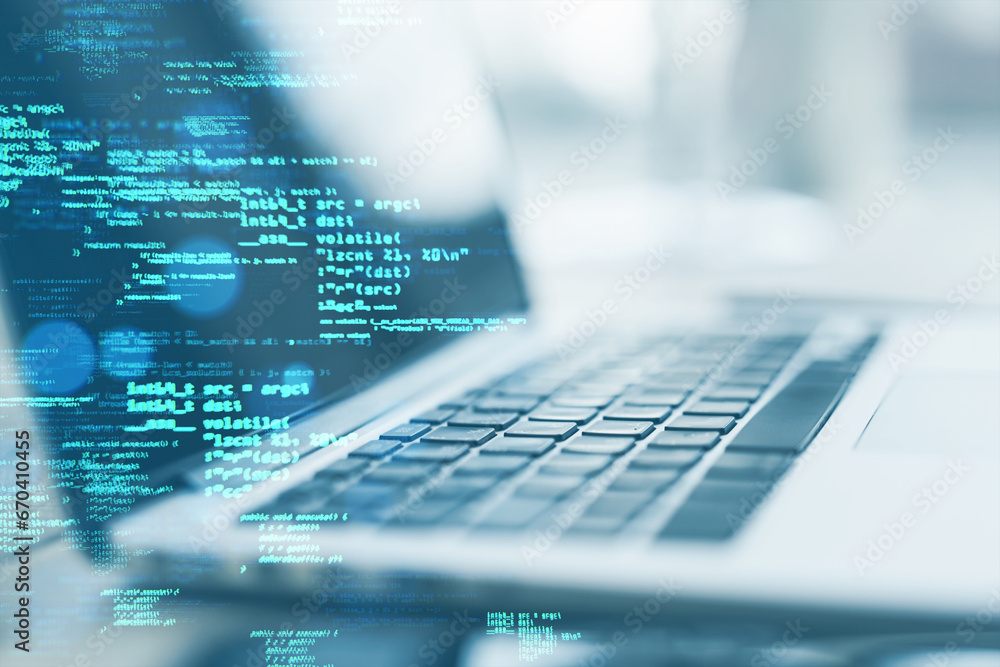 Poster Close up of laptop on desk with creative coding html language on blurry background. Web developer and programming concept. Double exposure.