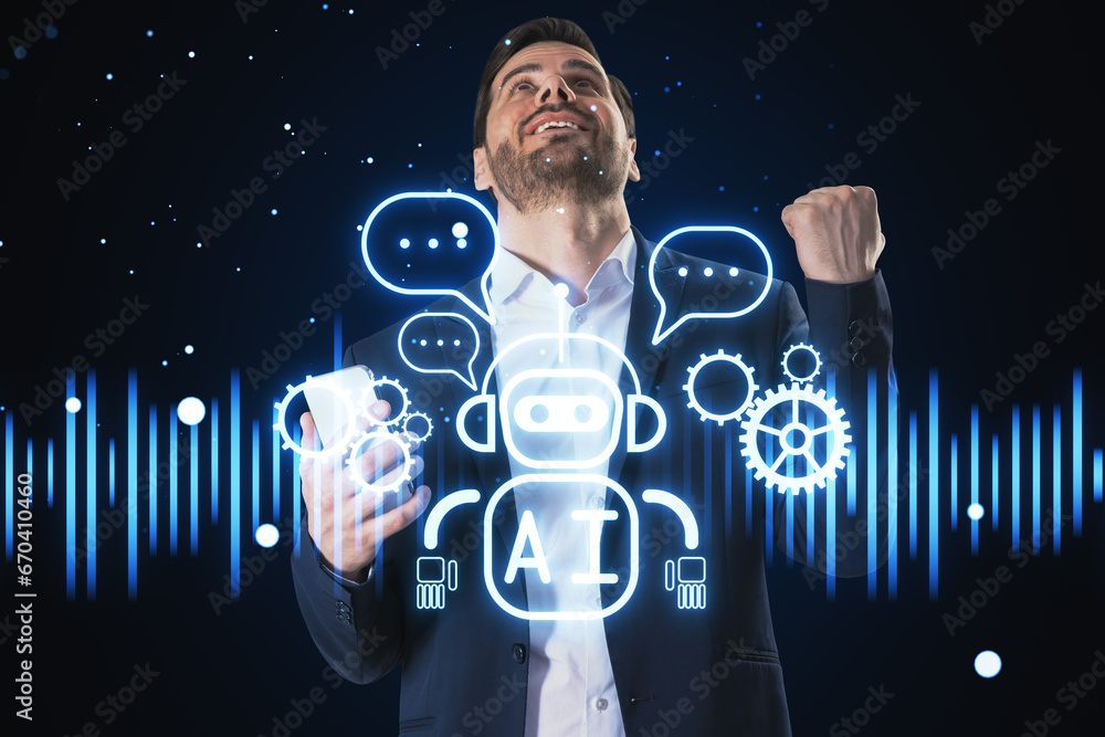 Poster Happy young businessman celebrating success with smartphone and creative robot ai hologram on blurry background. Automated machine learning, artificial intelligence and conversation assistant concept.