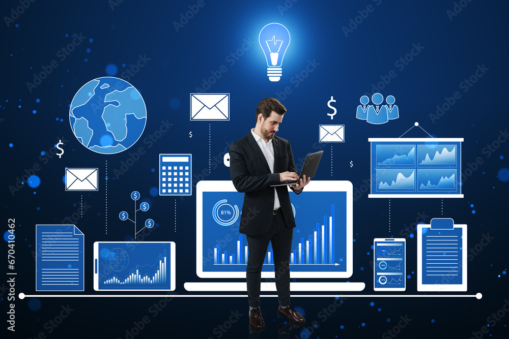 Aufkleber attractive young european businessman using notebook with financial data and accounting hologram wit