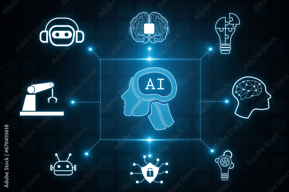 Poster Creative glowing ai hologram with digital human head on blurry background. Automated machine learning, artificial intelligence and conversation assistant concept. 3D Rendering.