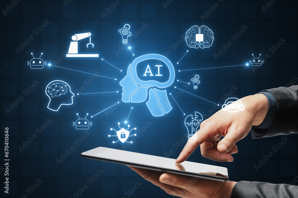 Poster close up of businessman hand pointing at smartphone screen with creative glowing ai hologram with di