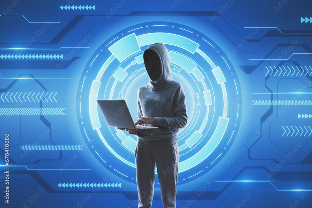 Poster Hacker using laptop on creative blue hi-tech background. Hacking, technology and malware concept.