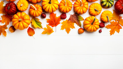 Autumn frame. Colorful maple leaves and pumpkins on white background. Flat lay, top view, copy space. Autumn fall, harvest, thanksgiving concept