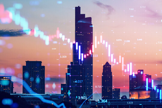 Creative glowing downward candlestick forex chart on blurry city buildings wallpaper. Crisis, financial loss and real estate market crash concept. Double exposure.