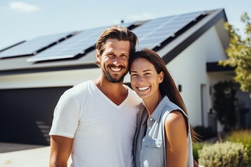 Fototapeta na wymiar Happy couple stands smiling in the driveway of a large house with solar panels installed. Husband and wife buying new house. Life style real estate concept.