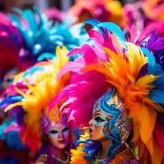 Papier Peint photo Carnaval illustration of Abstract view of samba dancers in colorful frilled, Generative ai