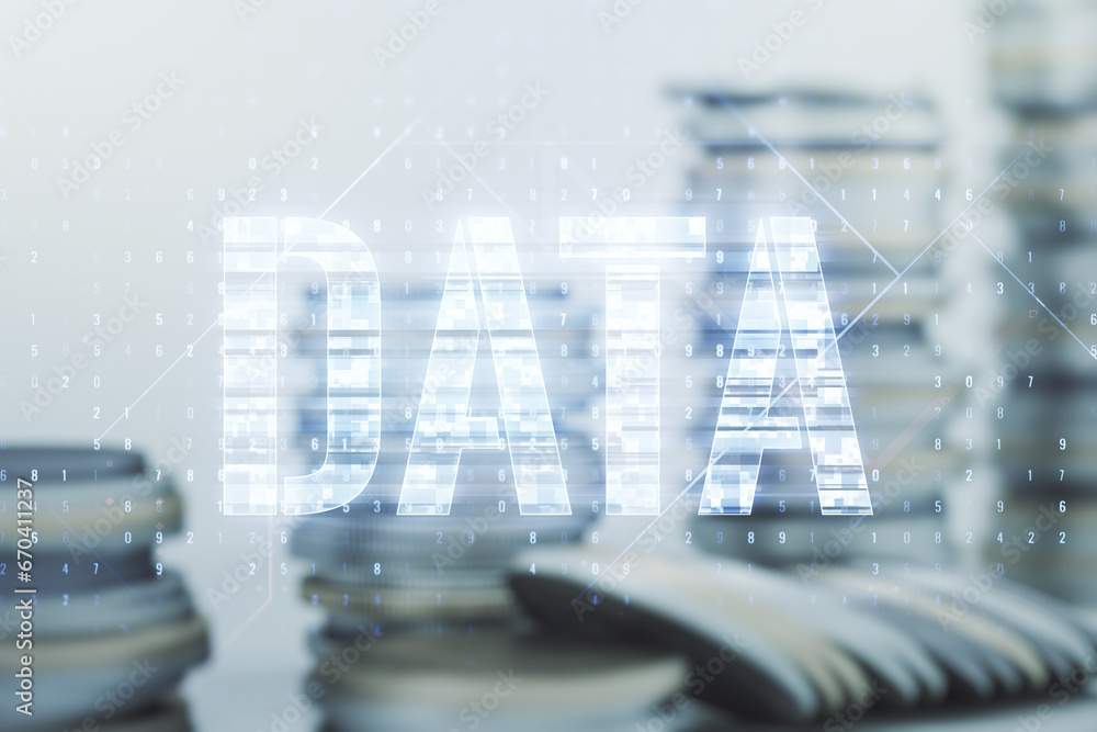 Poster virtual data word sign hologram on stacks of coins background. multiexposure