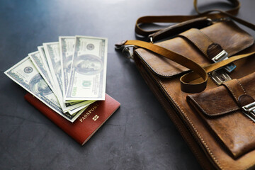 Travel concept. Travel bag with documents. Vacation set, documents, money.