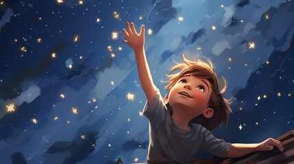 Cartoon little boy reaching for the stars, AI generated Image
