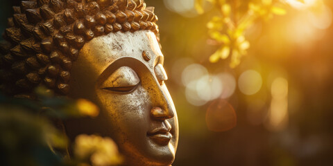 Close-up of buddha face back-lit by the sun with blurred background - obrazy, fototapety, plakaty