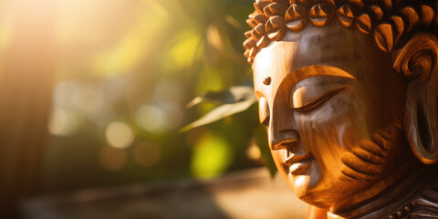Buddha mindful meditation in the sun, Golden statue with peaceful face