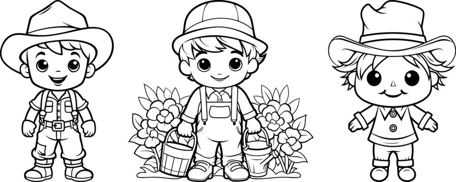 Farm workers friendly cartoon characters jobs collection. Farmer, gardener florist and scarecrow friends. Black outline coloring book vector illustrations.